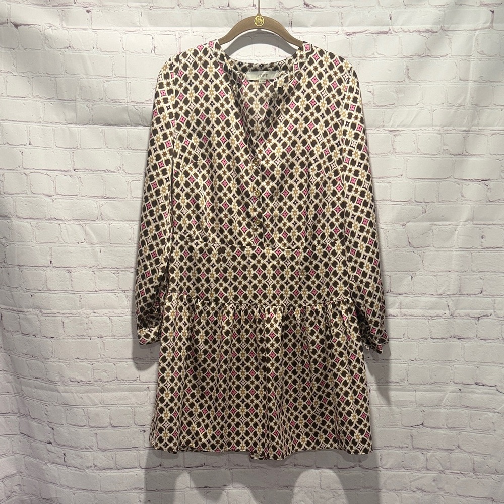 LOFT Long Sleeve Lightweight‎ Chic Dress - Brown, Pink, Tan Print Woman’s Size 6
